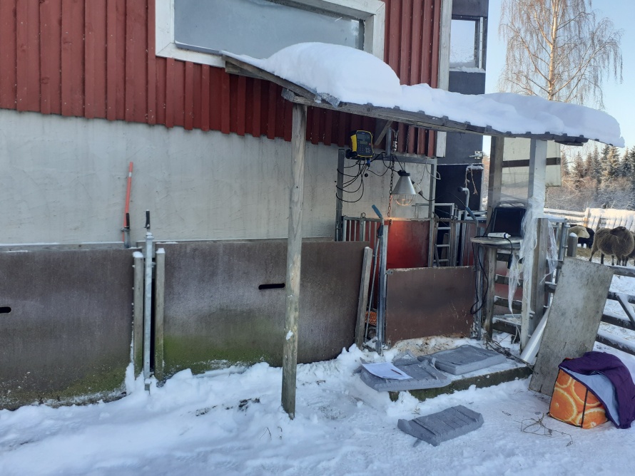 Ulkoränni talvella lampolan seinän vieressä.